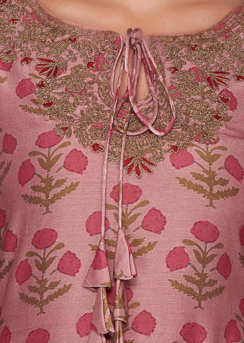 Peach long cotton silk kurti with floral printed butti 