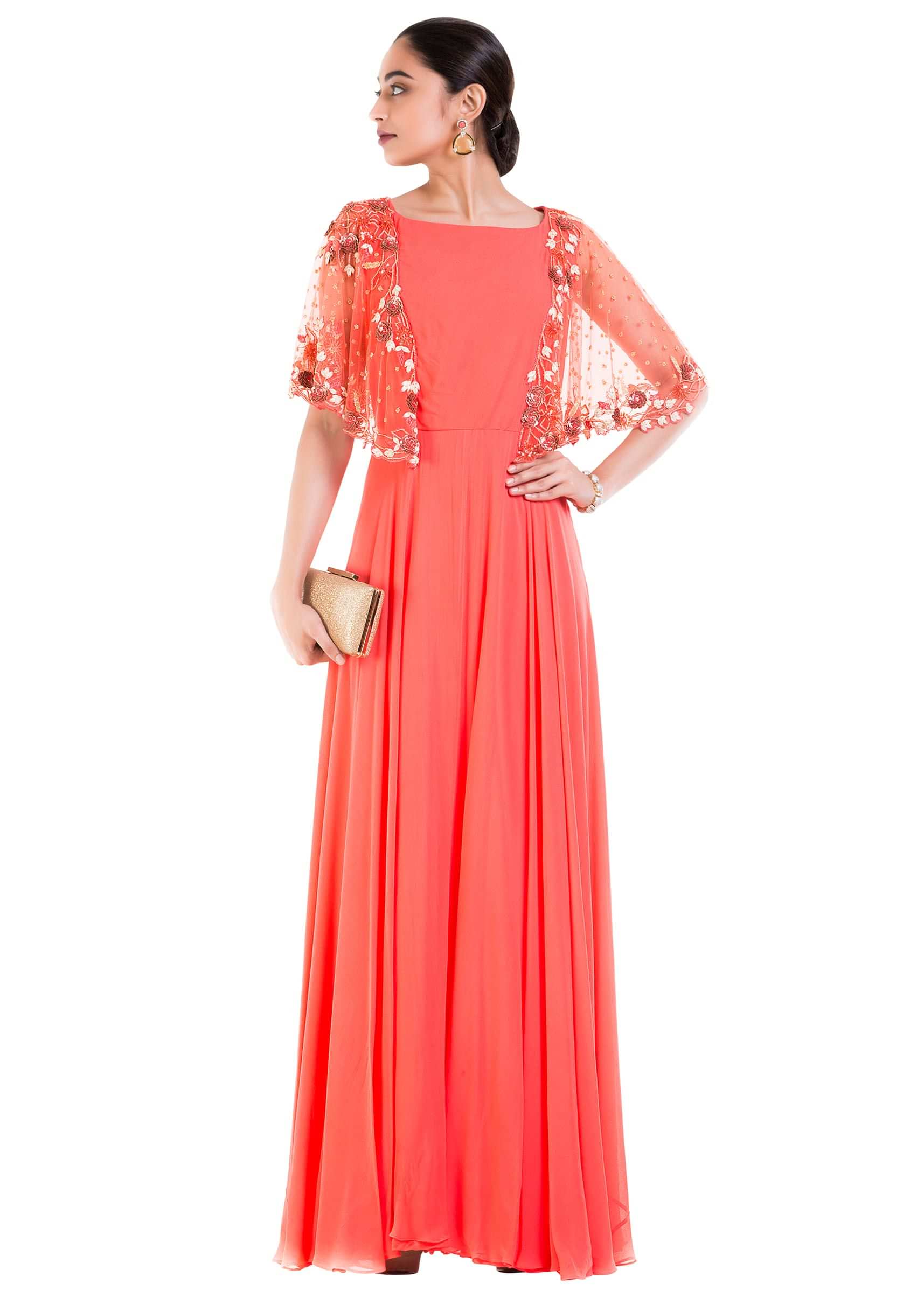 Peach Long Dress With Embroidered Half Cape.
