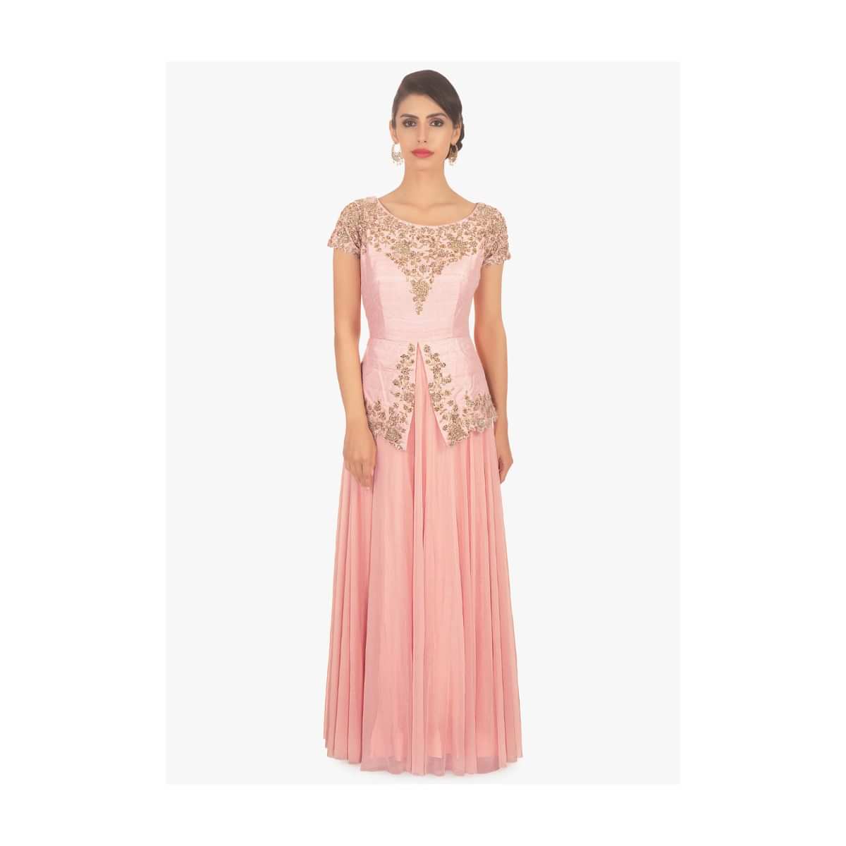 Peach long dress with pink bodice in peplum style only on Kalki