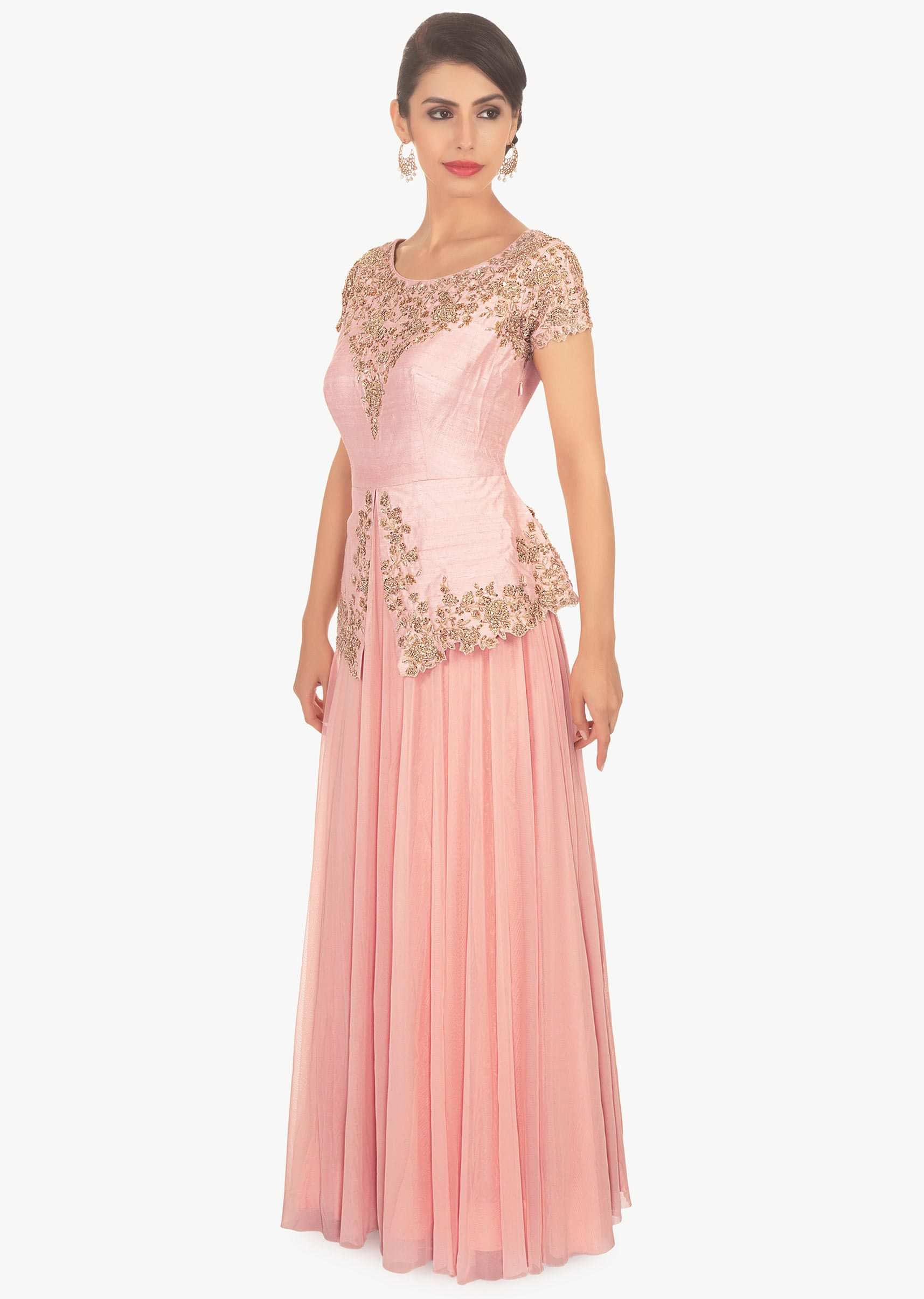 Peach long dress with pink bodice in peplum style