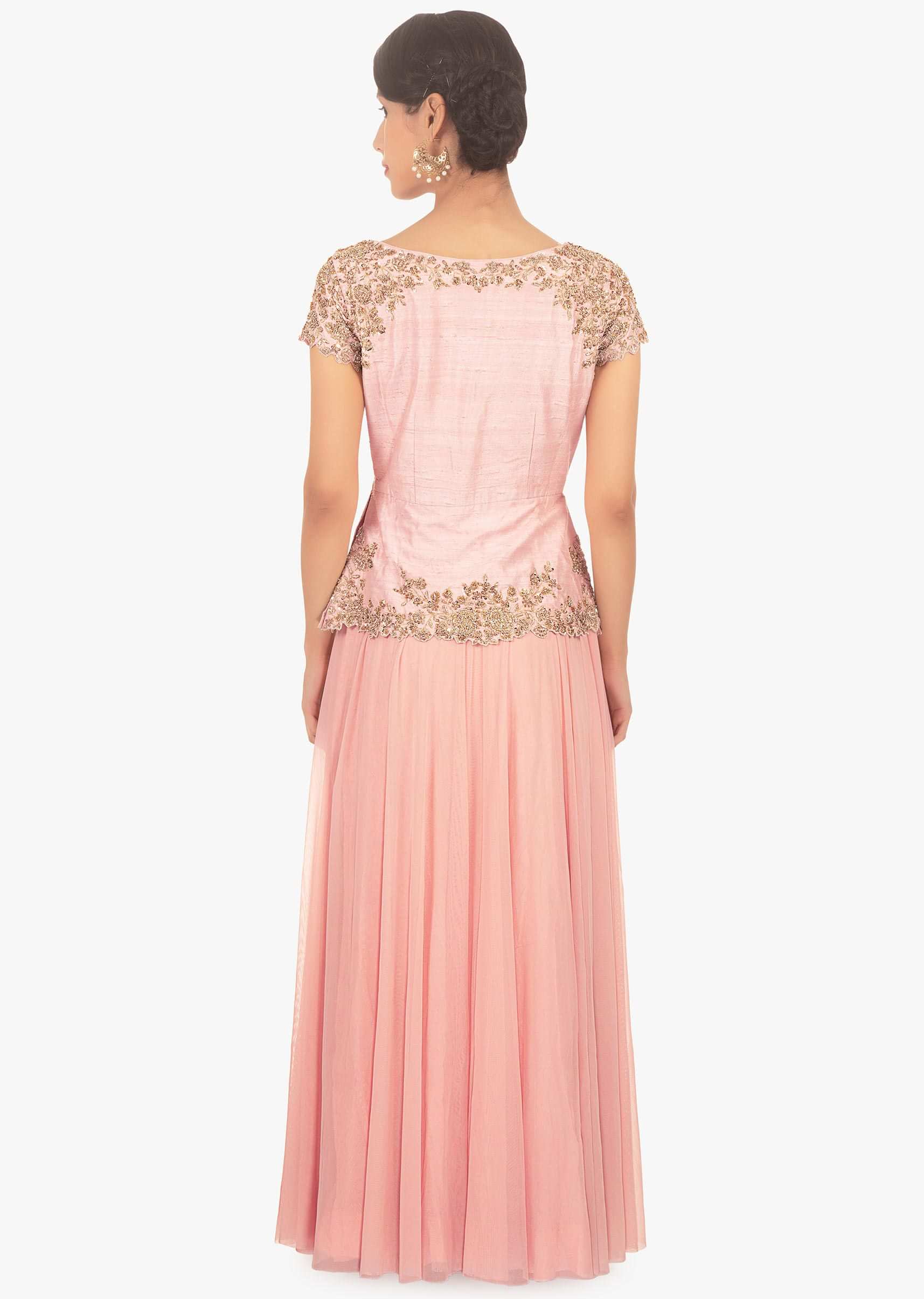 Peach long dress with pink bodice in peplum style