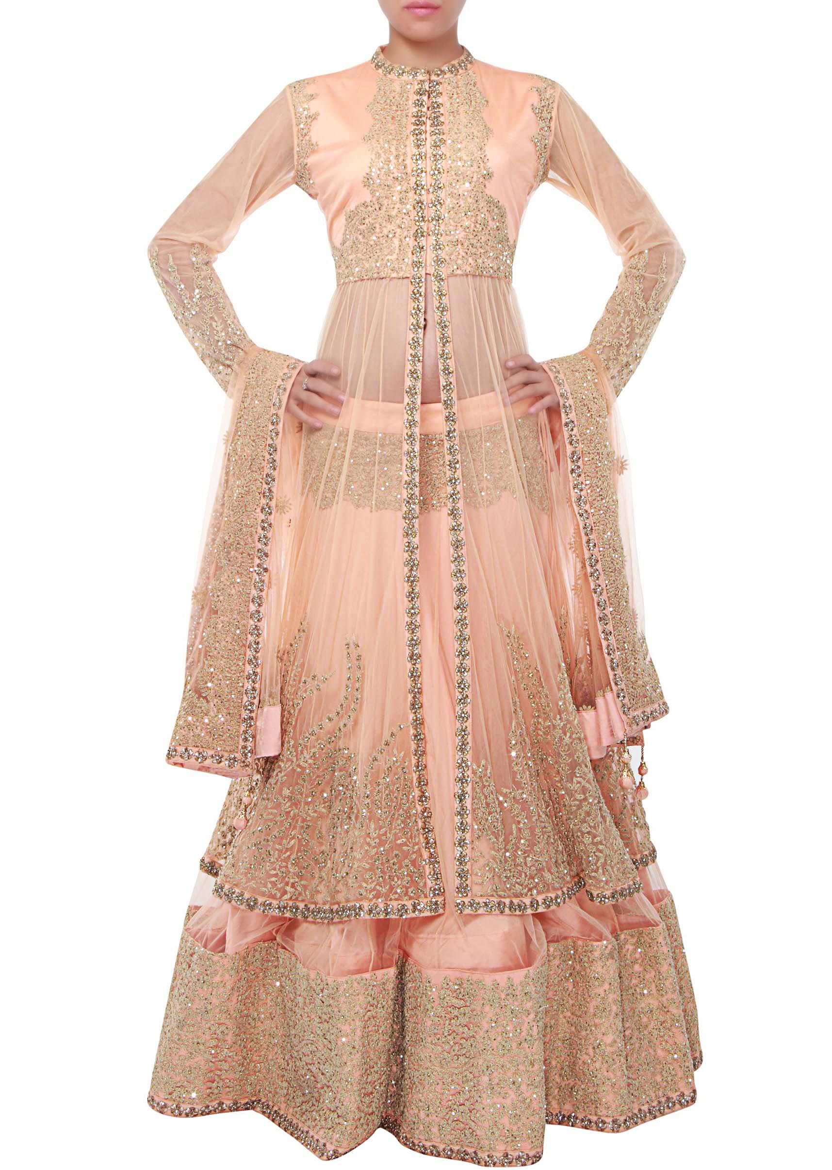 Peach long jacket lehenga adorn in sequin and thread embroidery only on Kalki
