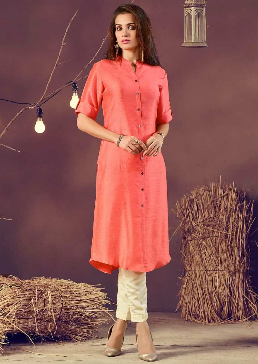 Peach long kurti in silk with shell buttons on placket 