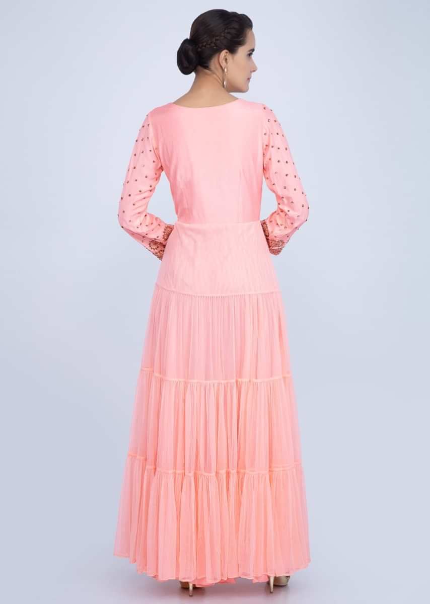 Peach Anarkali In Net With Cotton Silk Embroidered Bodice Online - Kalki Fashion