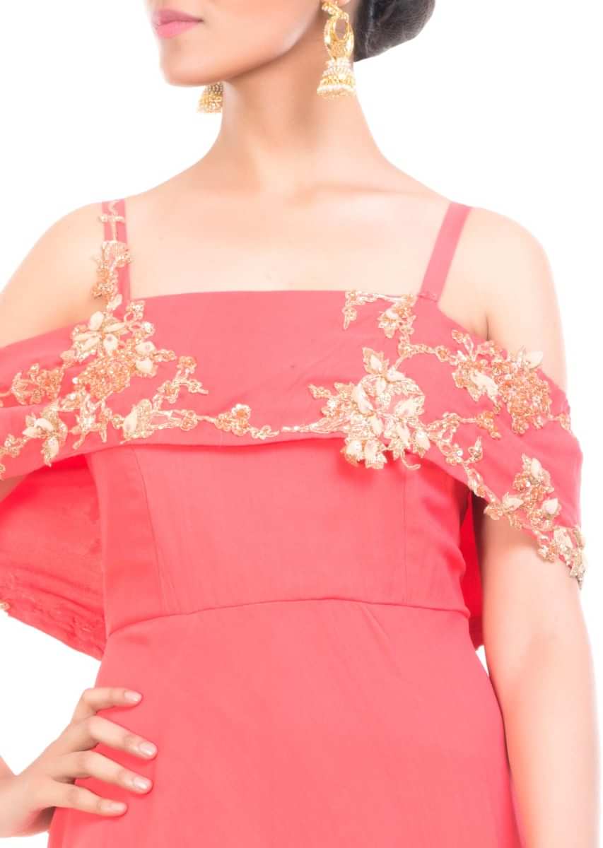 Peach Off Shoulder Cape Gown Online - Kalki Fashion