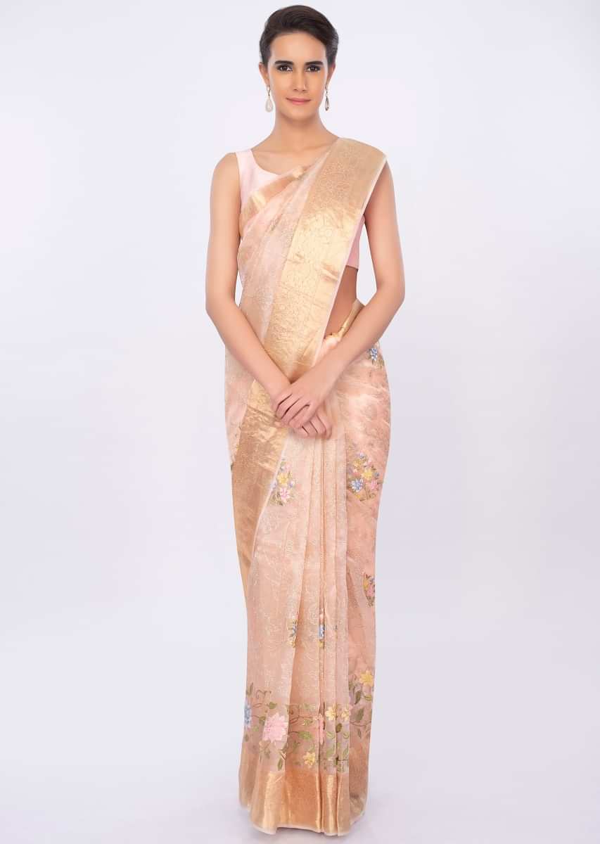 Peach organza saree in multi color floral jaal embroidery only on kalki