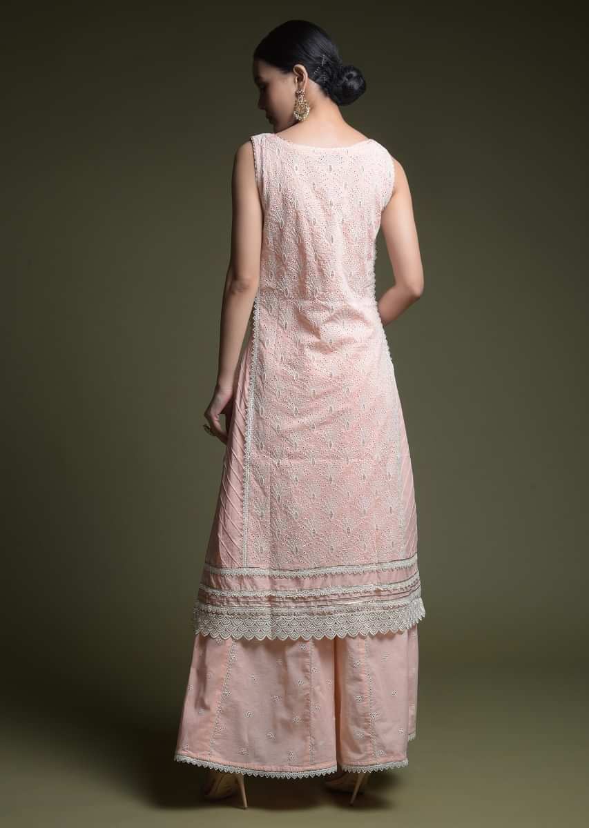 Buy Peach Palazzo Suit In Cotton With Thread Cut Work Embroidered ...
