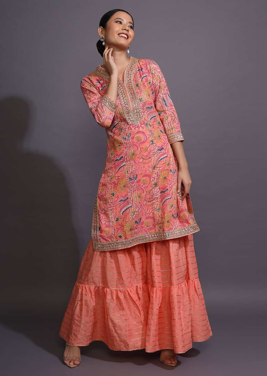 Buy Peach Pink Sharara Suit With Floral Print And Gotta Patti Work On ...