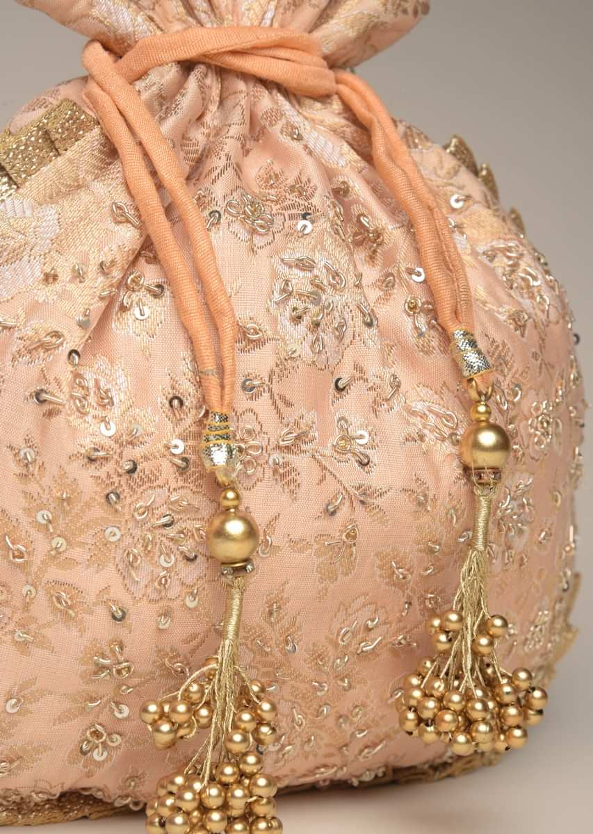 Peach Potli Bag In Brocade Silk With Zardosi Embroidery In Floral Design
