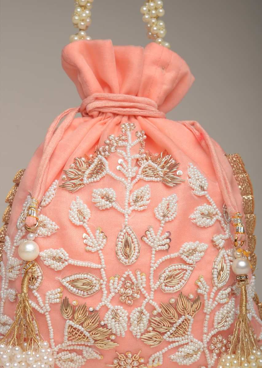 Peach Potli Bag In Raw Silk With Moti Embroidery In Floral Design