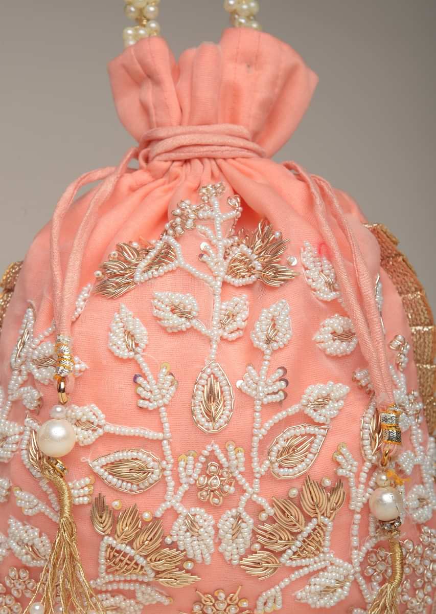 Peach Potli Bag In Raw Silk With Moti Embroidery In Floral Design