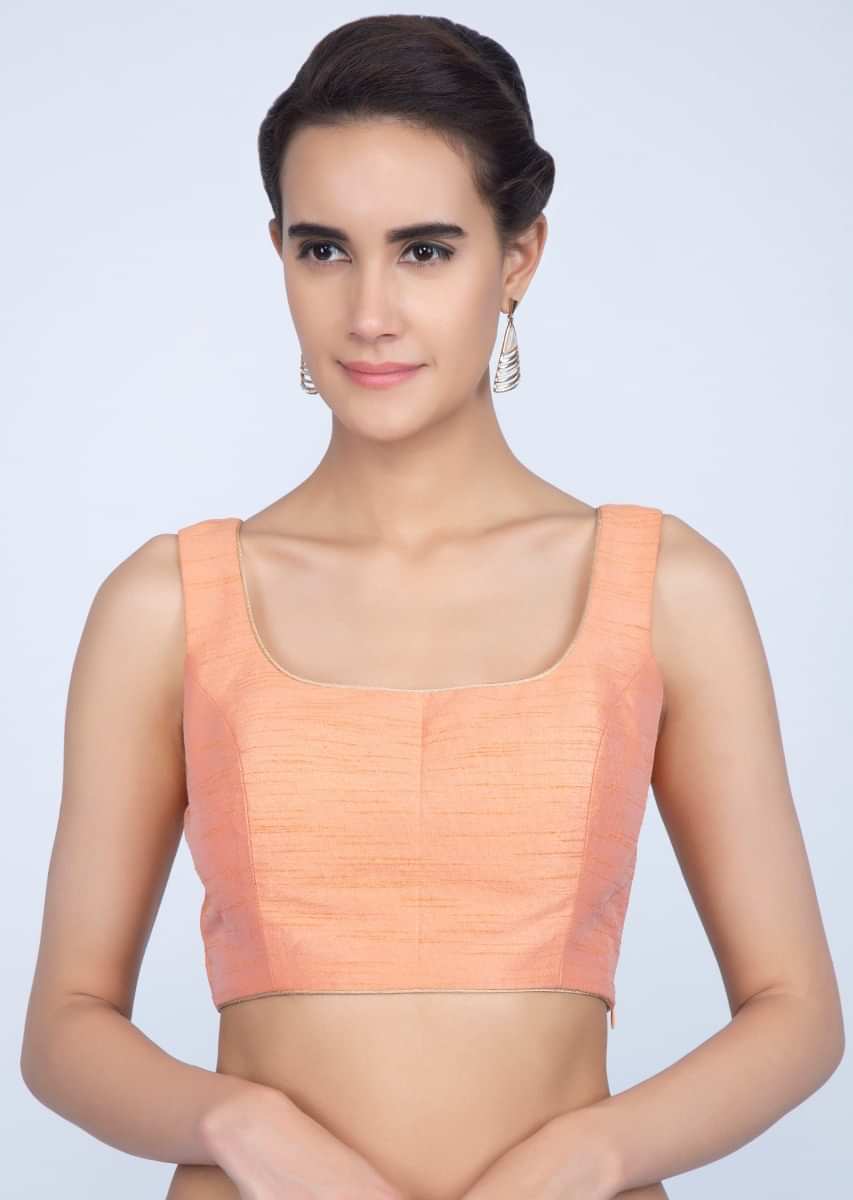 Peach Blouse In Raw Silk With Golden Piping
