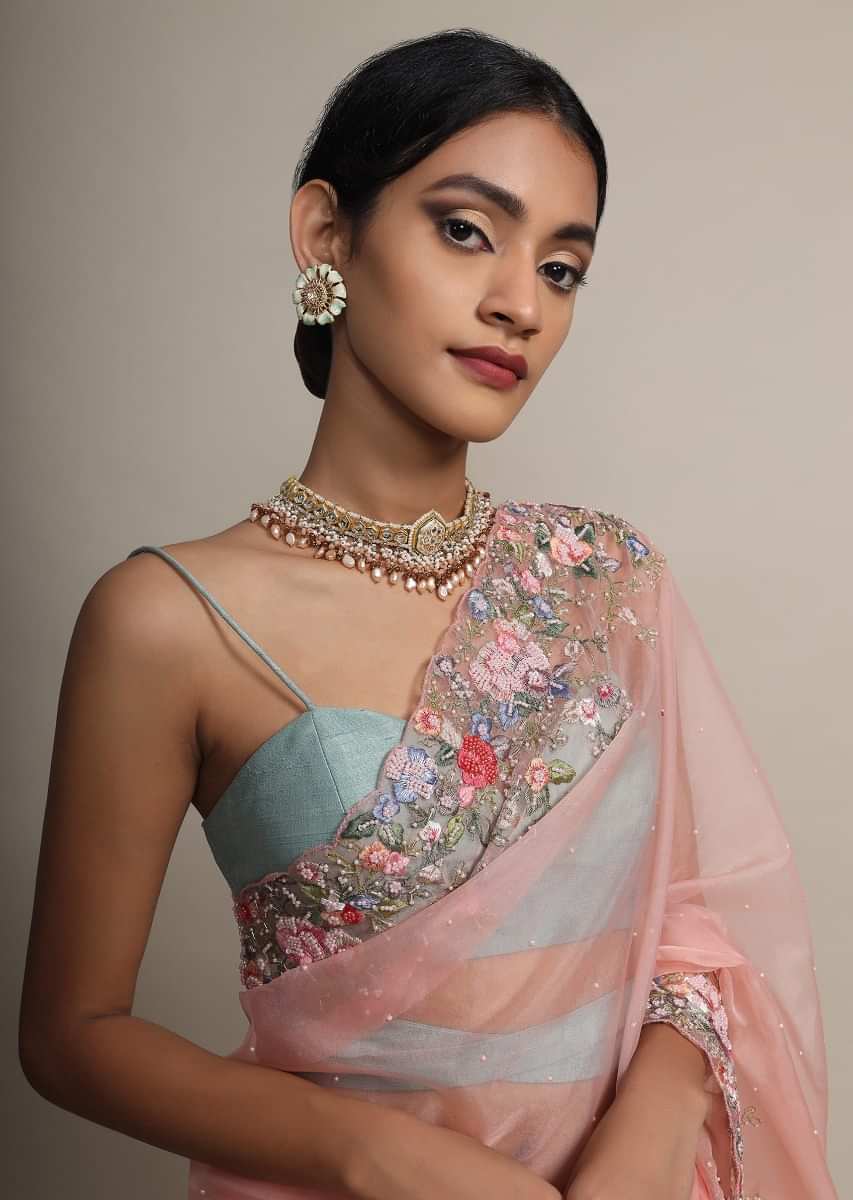 Peach Saree In Organza With Resham Embroidered Floral Design On The Border  