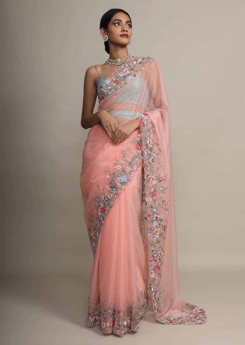 Peach Saree In Organza With Resham Embroidered Floral Design On The Border  
