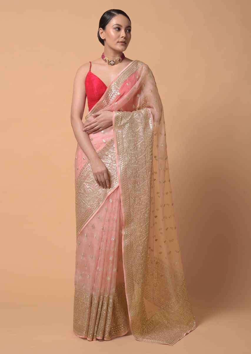 Peach Saree In Organza With Zari Cord Embroidery In Floral And Paisley Motifs