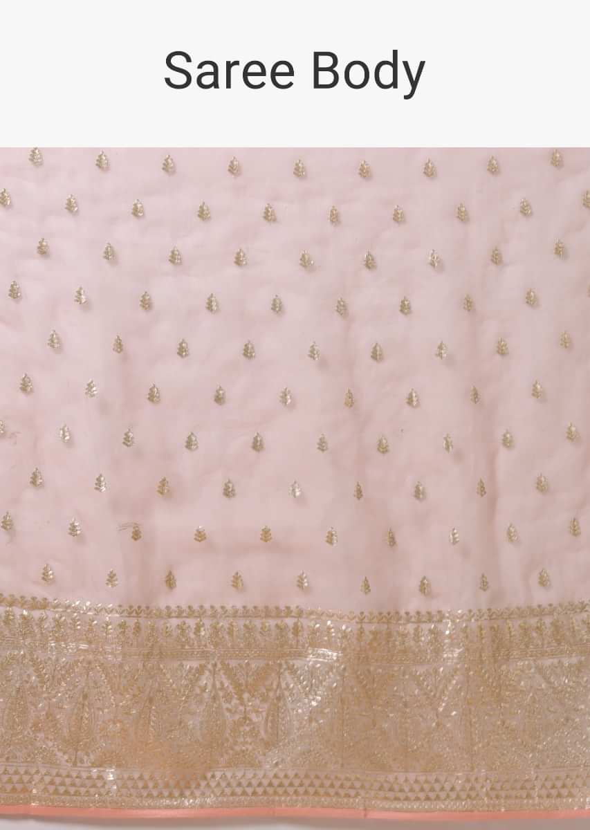 Peach Saree In Organza With Zari Cord Embroidery In Floral And Paisley Motifs