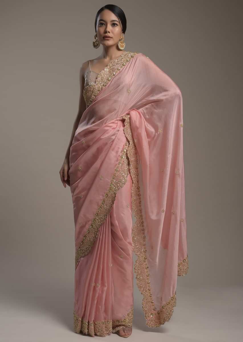 Peach Saree In Satin Organza With Sequins Embellished Border And Unstitched Blouse   