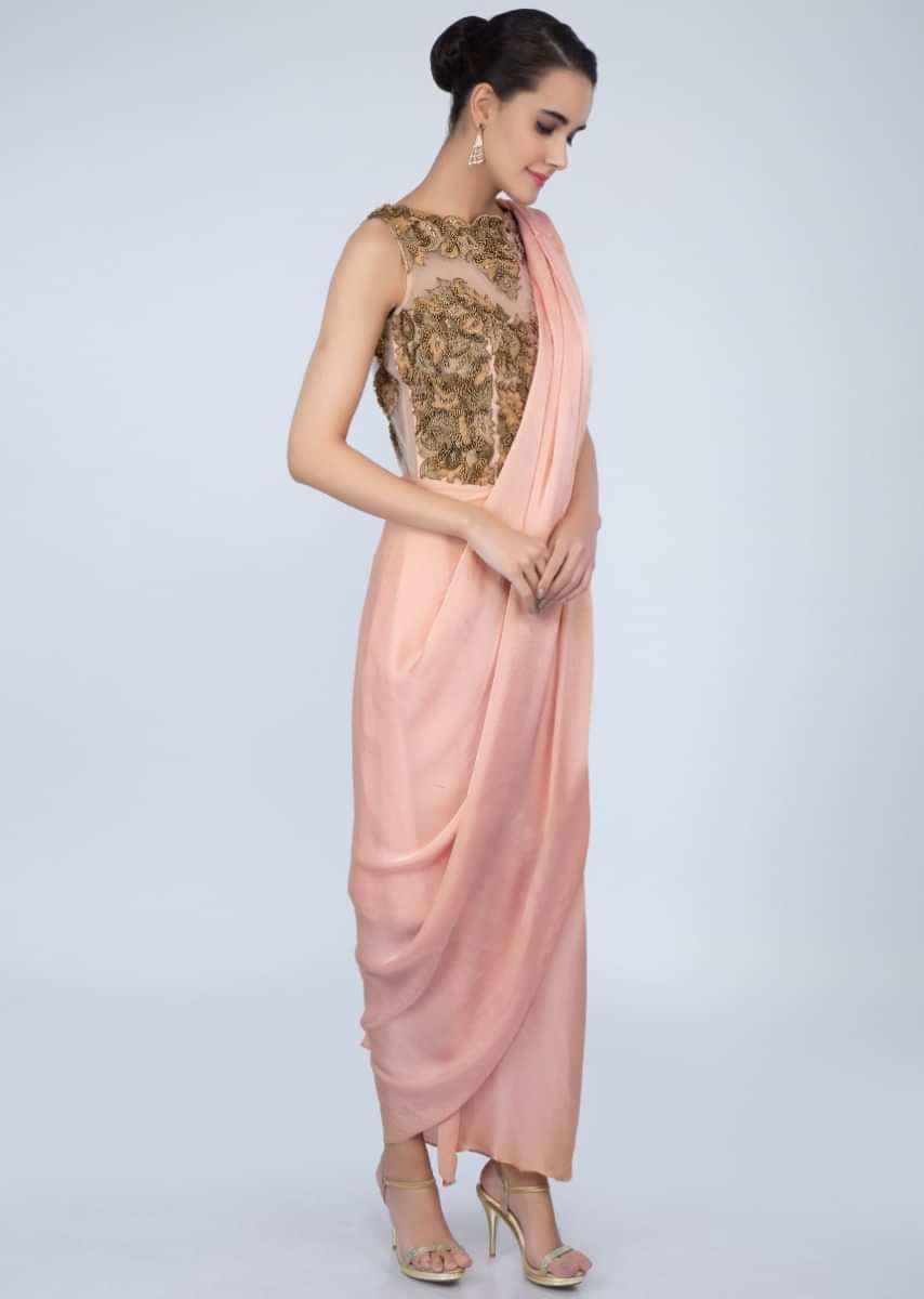 Peach satin crepe embroidered saree gown with ready draped pallo only on Kalki