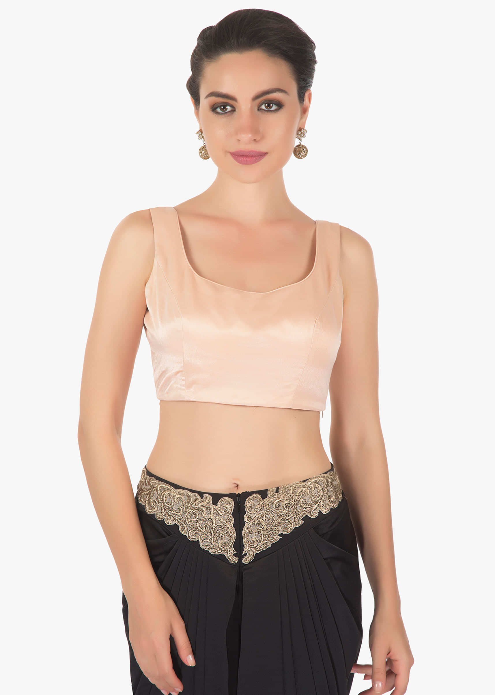 Peach Crop Top In Satin With A Black Fancy Dhoti Pants Online - Kalki Fashion