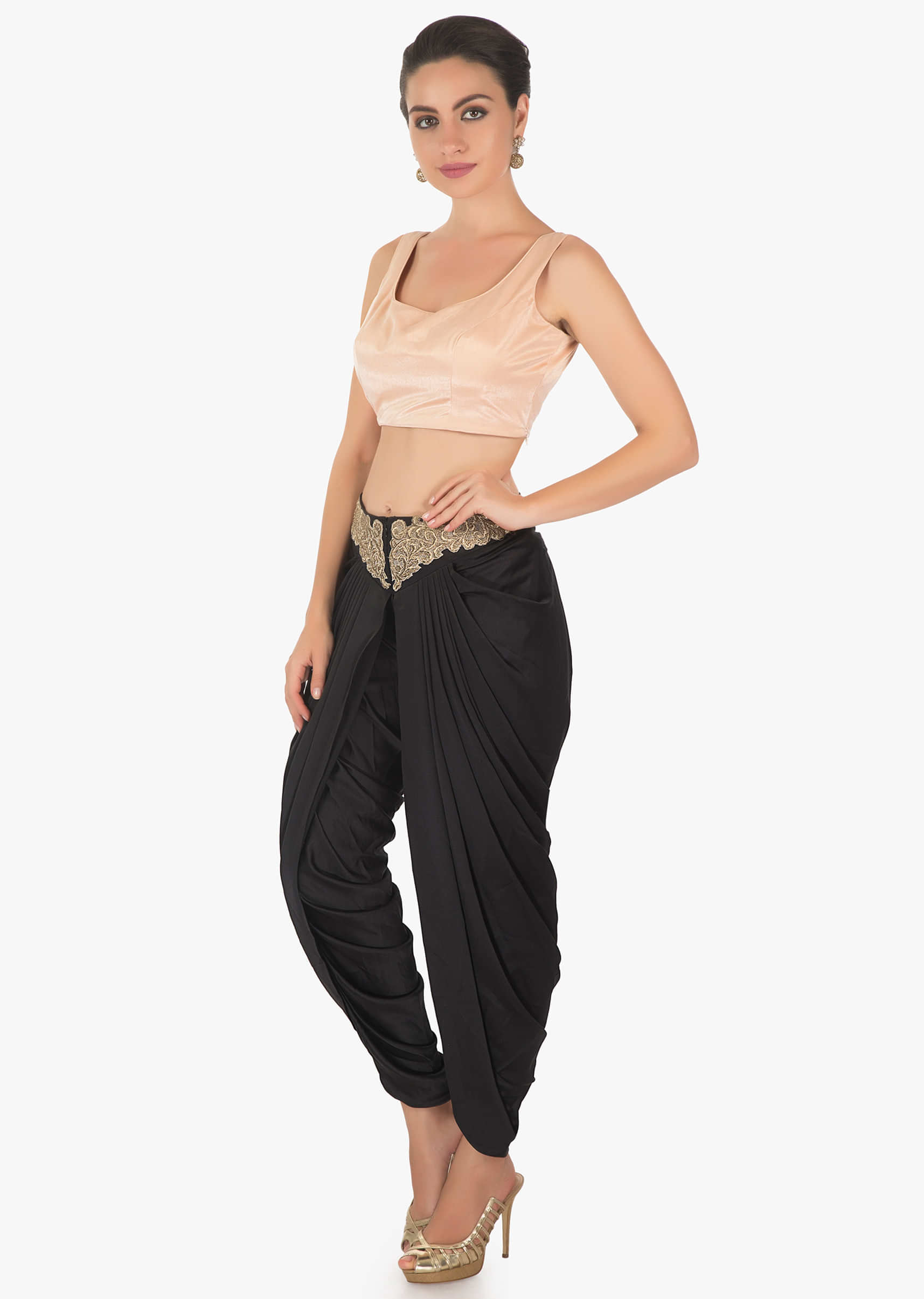 Peach Crop Top In Satin With A Black Fancy Dhoti Pants Online - Kalki Fashion