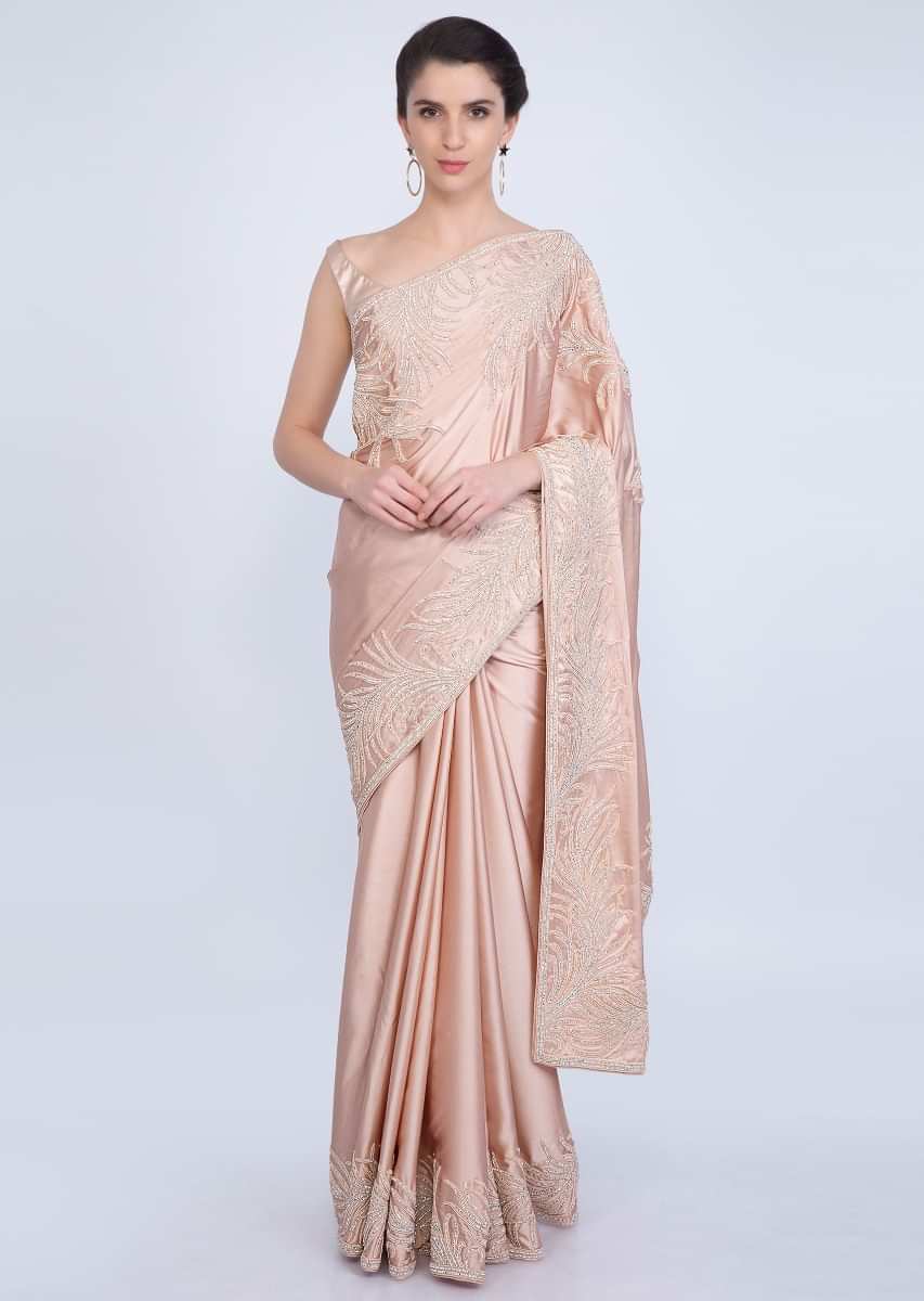 Peach Saree In Satin With Moti And Stone Embroidered Border Online - Kalki Fashion