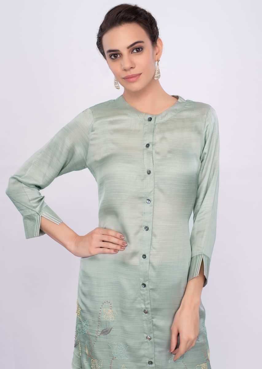 Sage Green Kurti In Satin Silk With Multi Color French Knot And Thread Embroidery Online - Kalki Fashion
