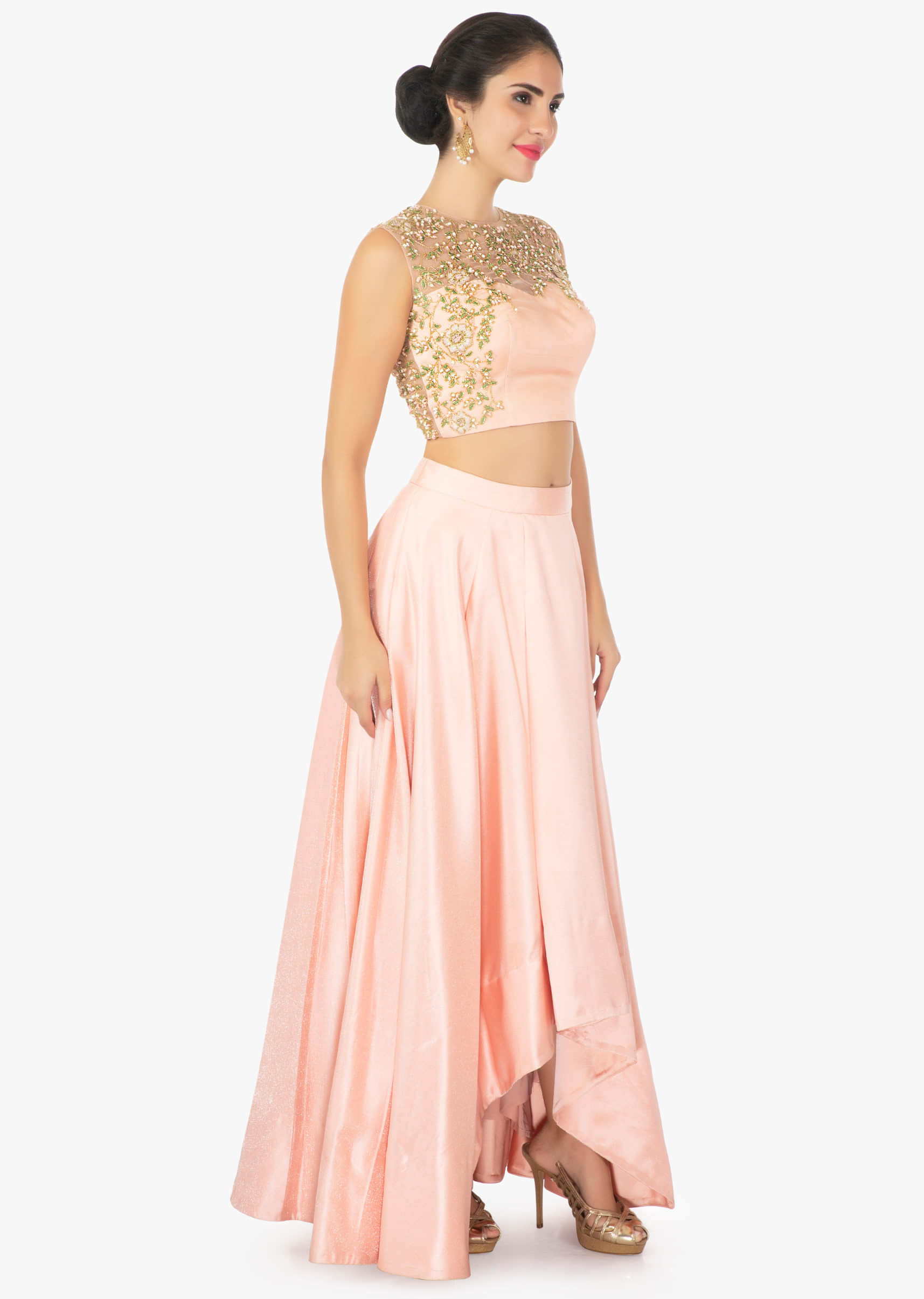 Peach satin skirt with a illusion neck  satin and net blouse