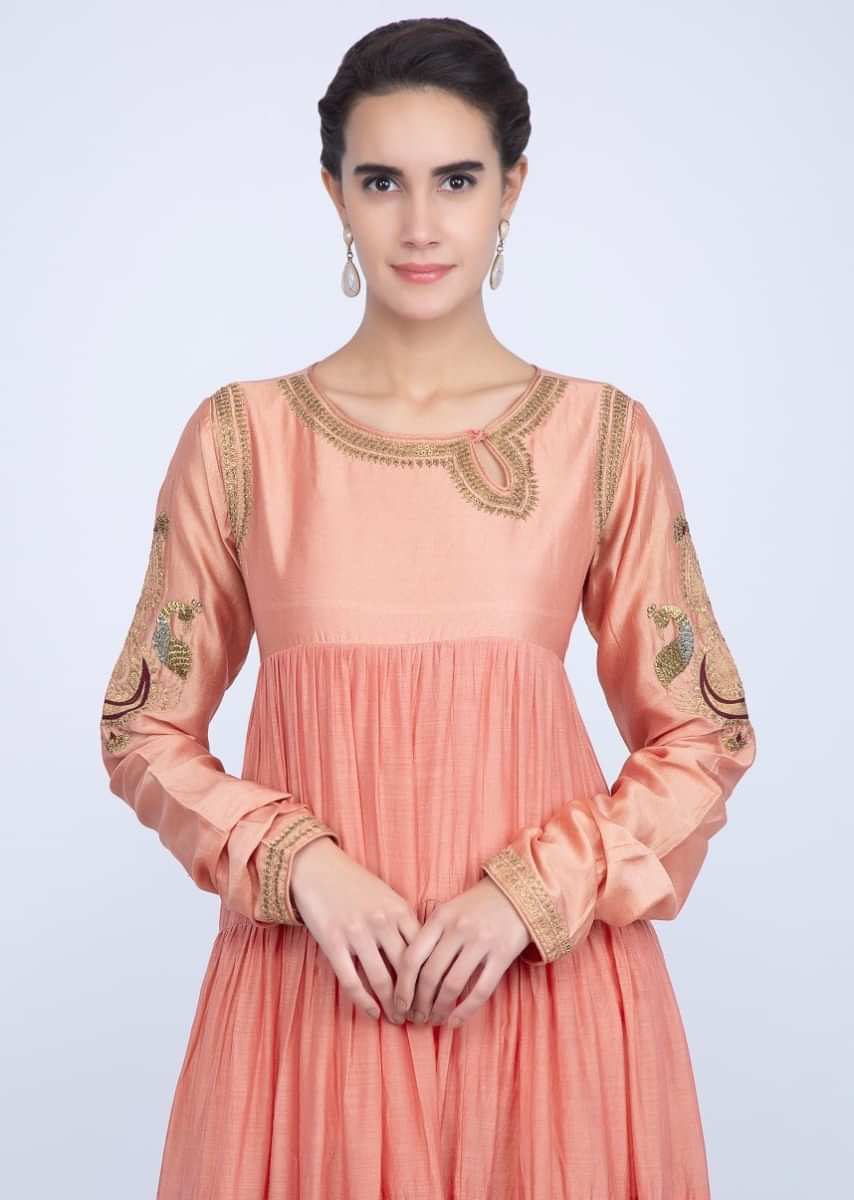 Peach shaded cotton silk suit with gathers only on Kalki