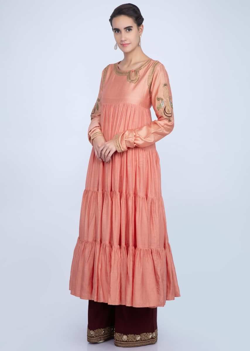 Peach shaded cotton silk suit with gathers only on Kalki