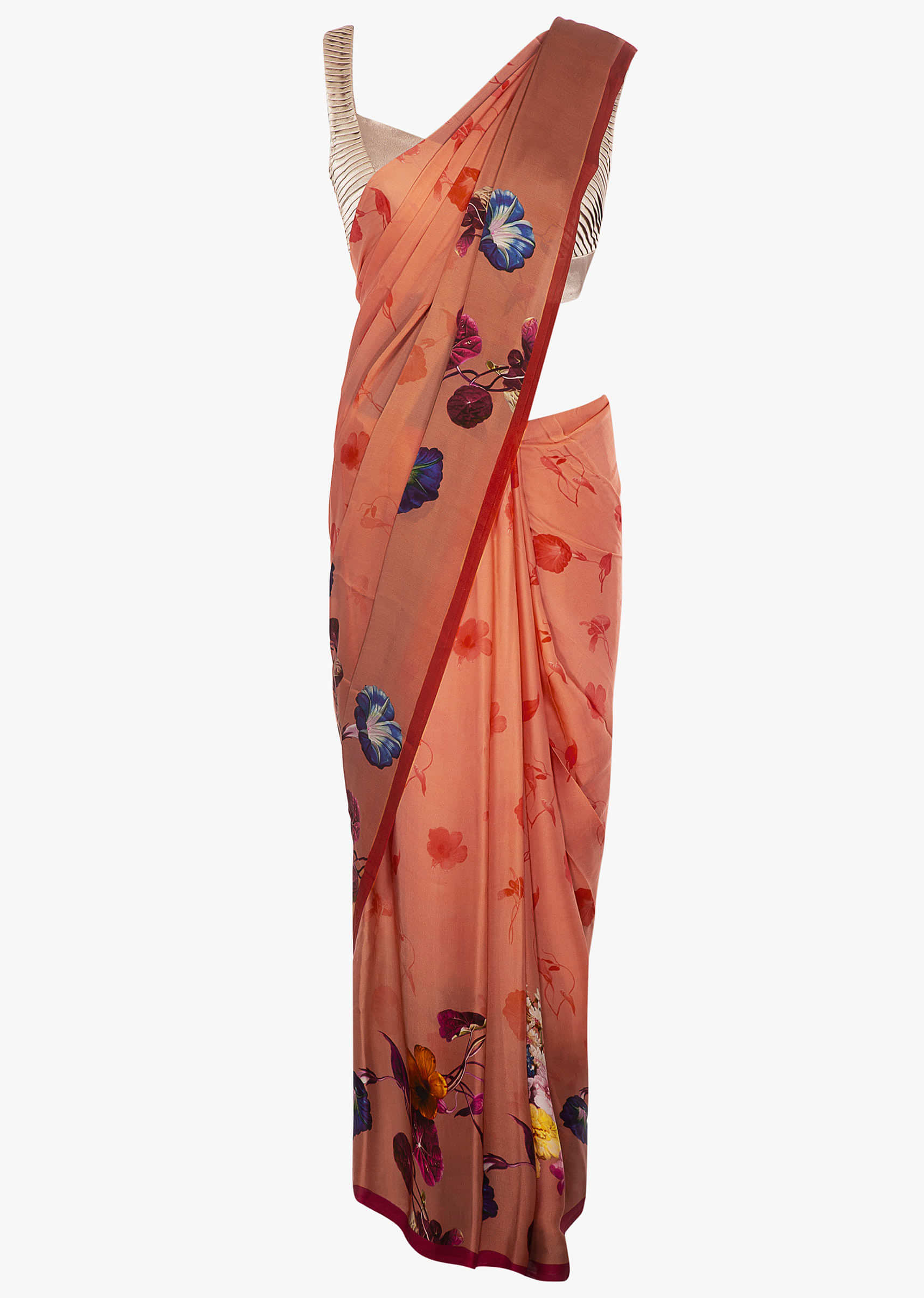 Peach shaded satin saree in floral digital print
