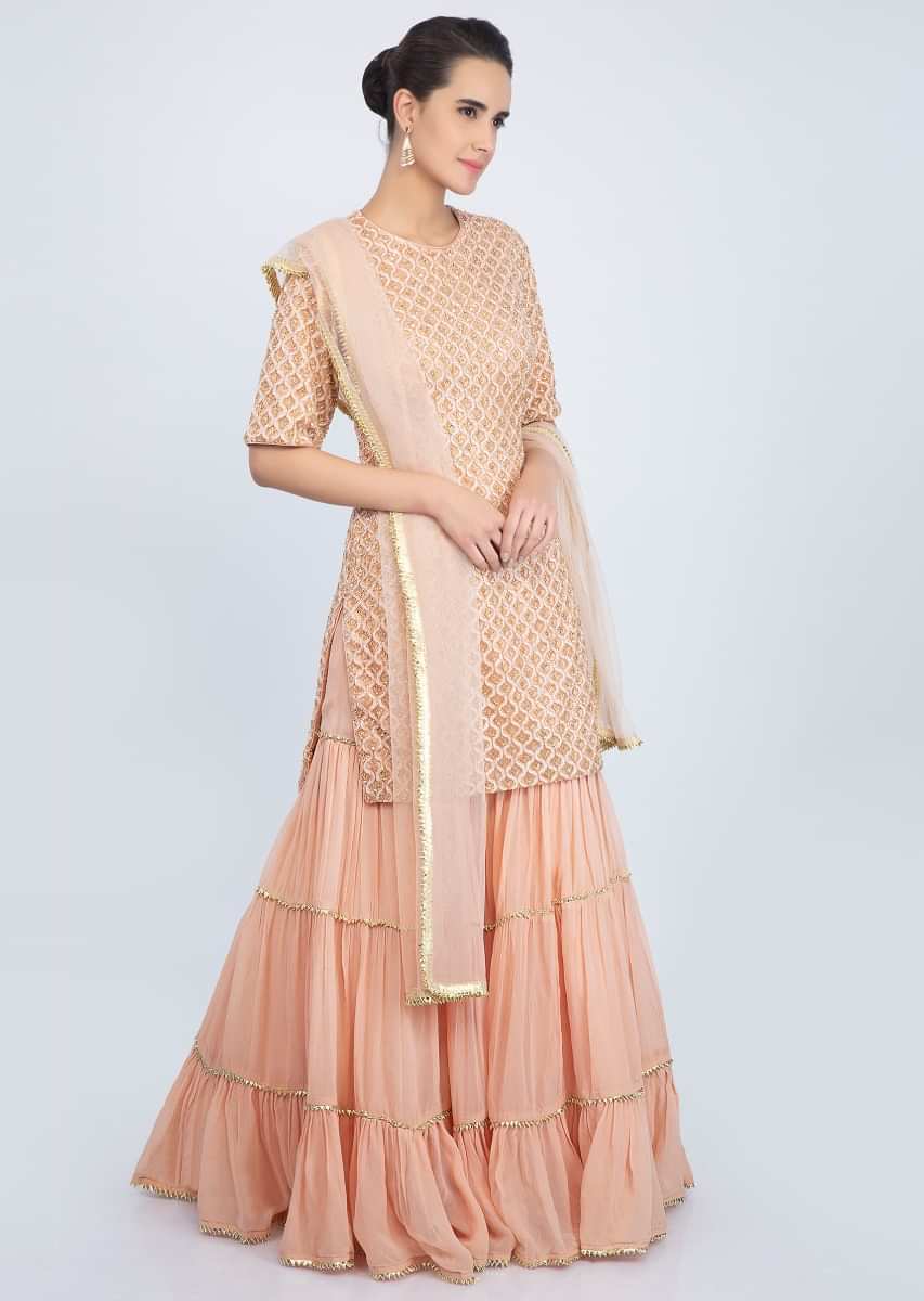 Peach Sharara Suit Set In Embroidered Jaal Work Online - Kalki Fashion