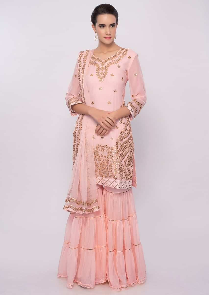 Peach Sharara Suit Set With Gotta Patch Embroidery Online - Kalki Fashion