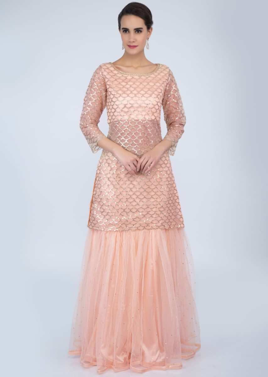 Peach Suit In Sequins Embroidered Net With Matching Gharara Online - Kalki Fashion