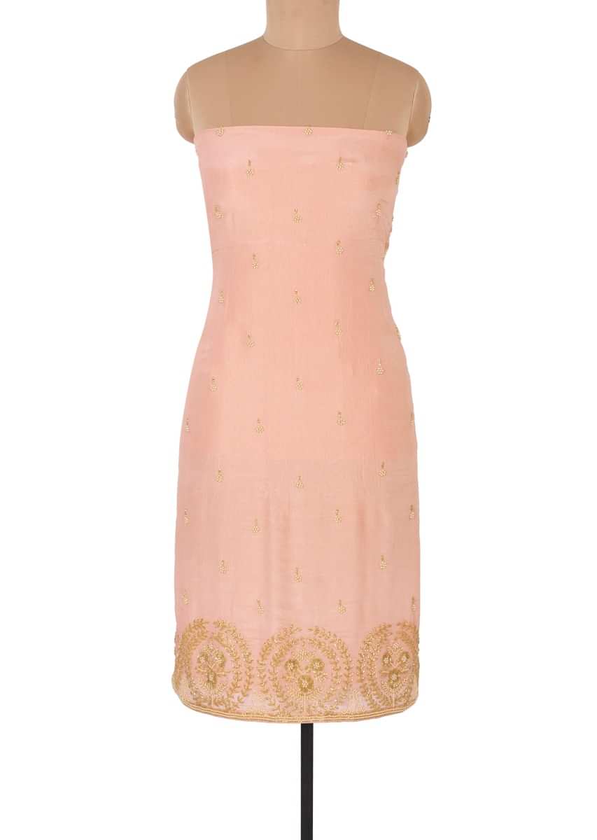 Peach shimmer chiffon unstitch suit in floral embroidery and butti