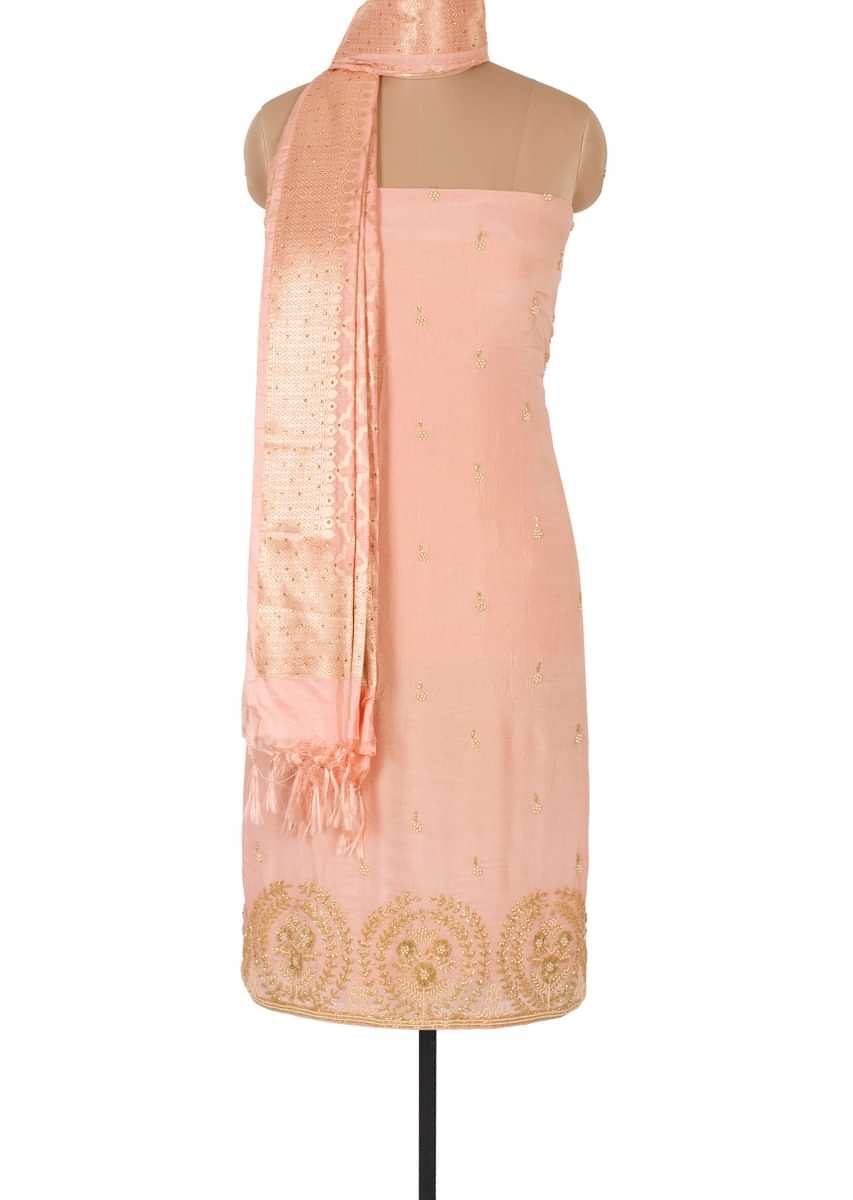 Peach shimmer chiffon unstitch suit in floral embroidery and butti