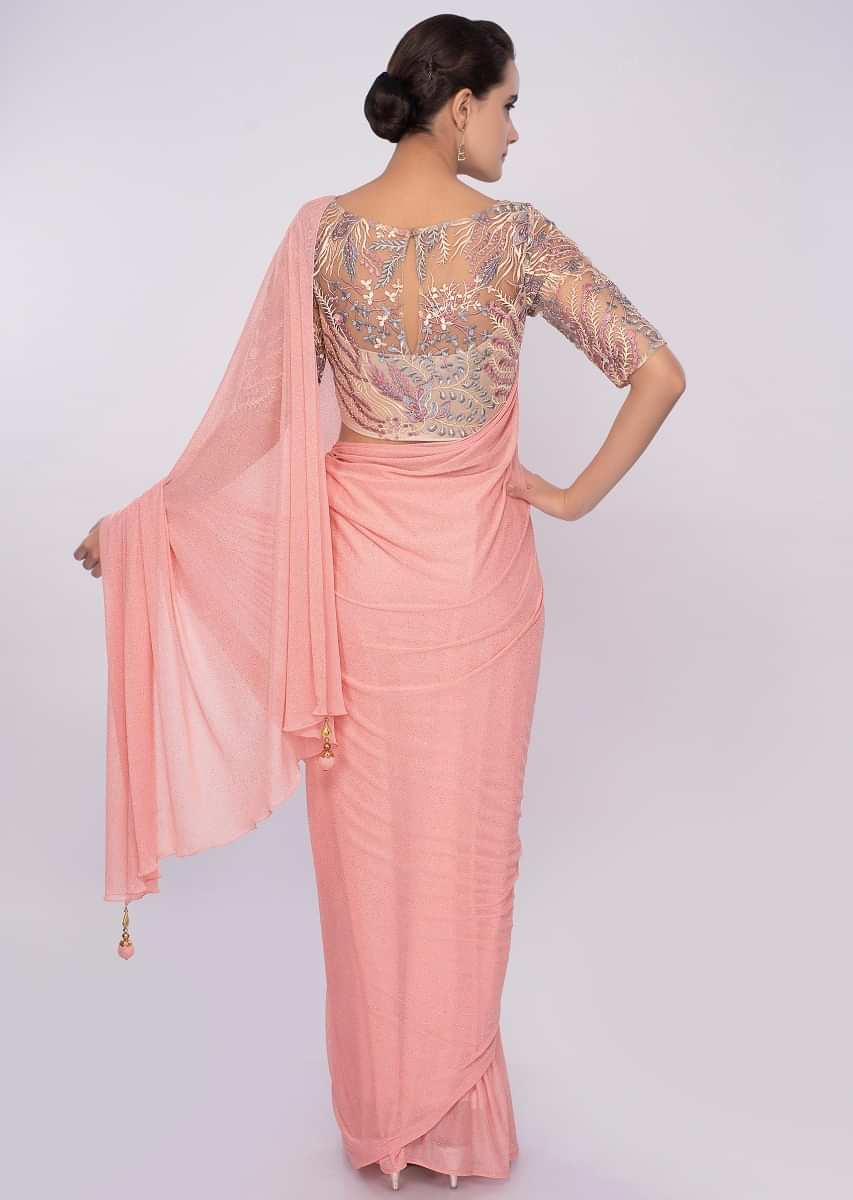 Peach Saree In Shimmer Lycra With Beige Blouse In Resham Embroidery Online - Kalki Fashion