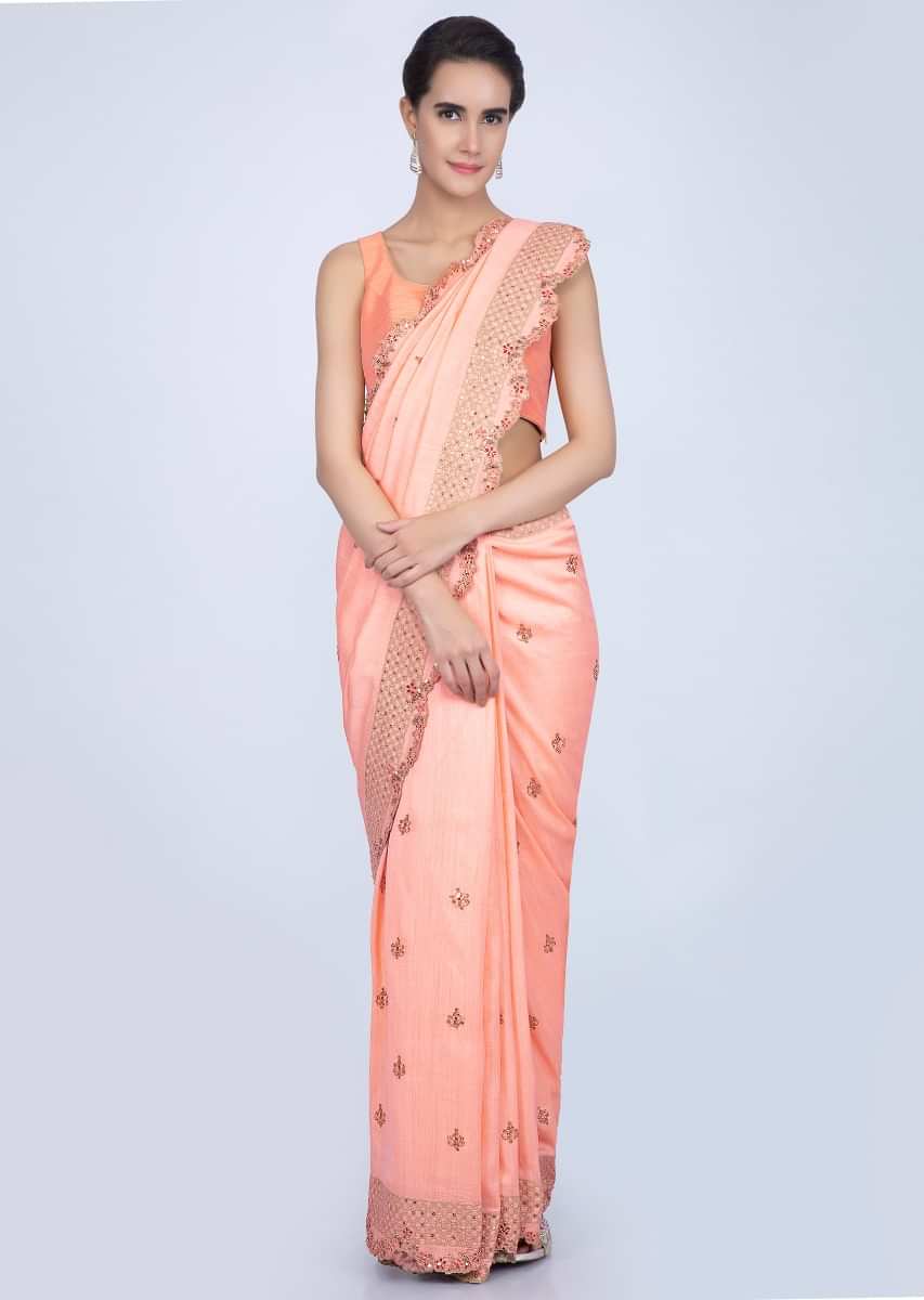 Peach Saree In Silk With Embroidered Butti And Scallop Border Online - Kalki Fashion
