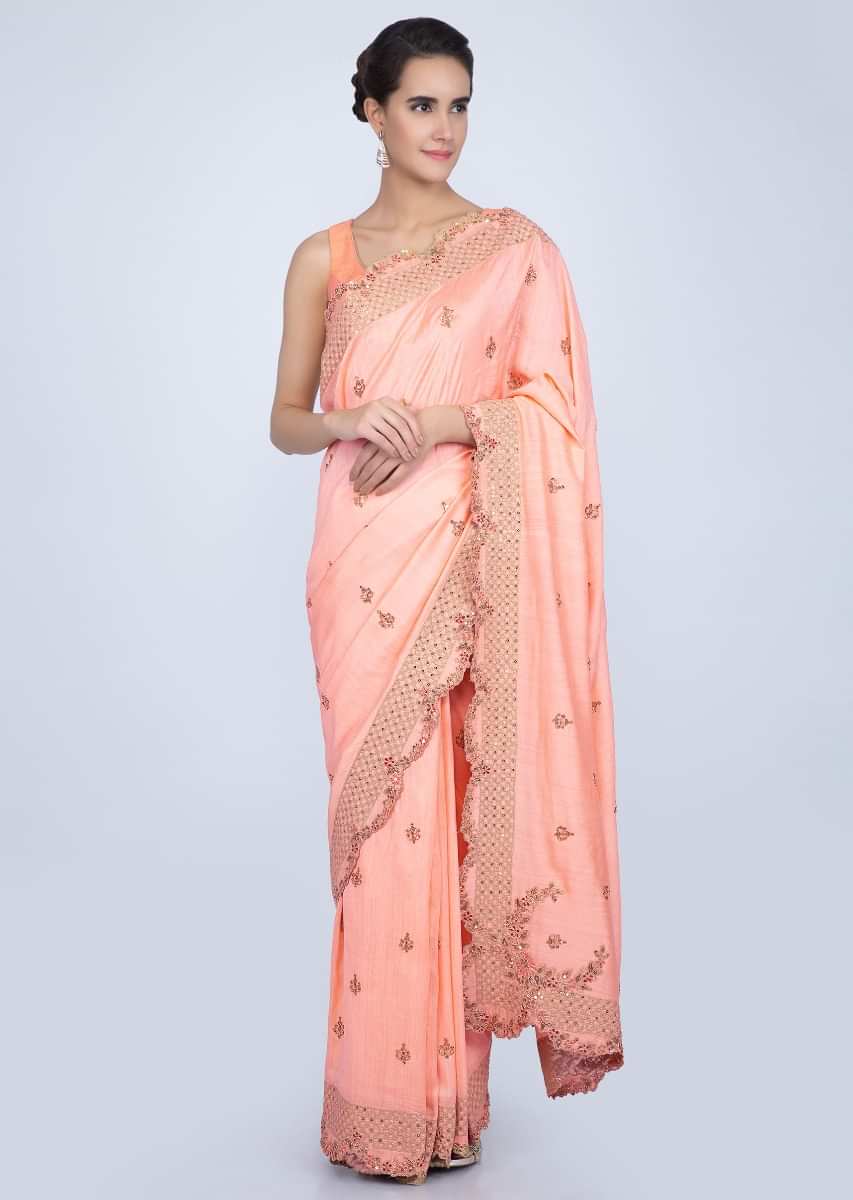 Peach Saree In Silk With Embroidered Butti And Scallop Border Online - Kalki Fashion
