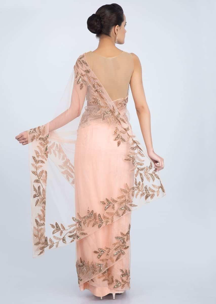 Peach Saree In Soft Net With Cut Dana Embroidered Border In Leaf Motif Online - Kalki Fashion