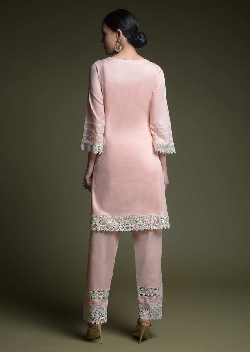 Peach Straight Cut Suit In Cotton With Thread Cut Work Embroidered Moroccan Jaal  