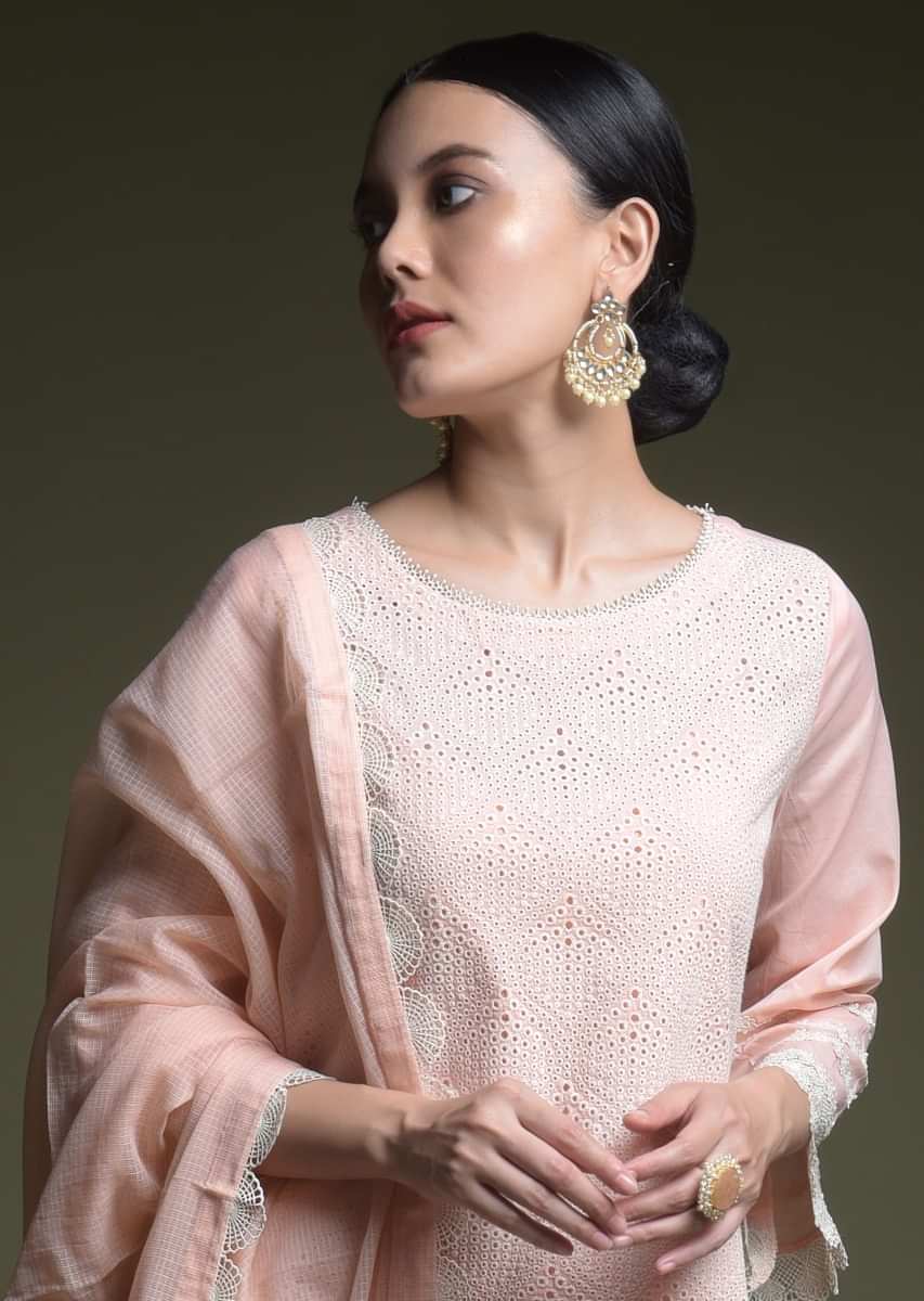 Peach Straight Cut Suit In Cotton With Thread Cut Work Embroidered Moroccan Jaal  