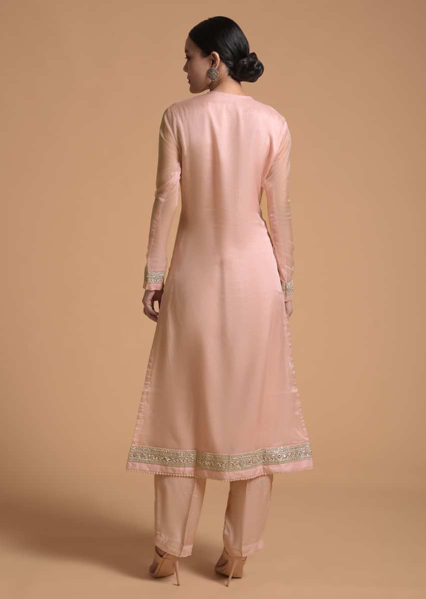 Peach Straight Cut Suit With Sequins Buttis All Over And Cord Embroidery On The Placket And Border Online - Kalki Fashion