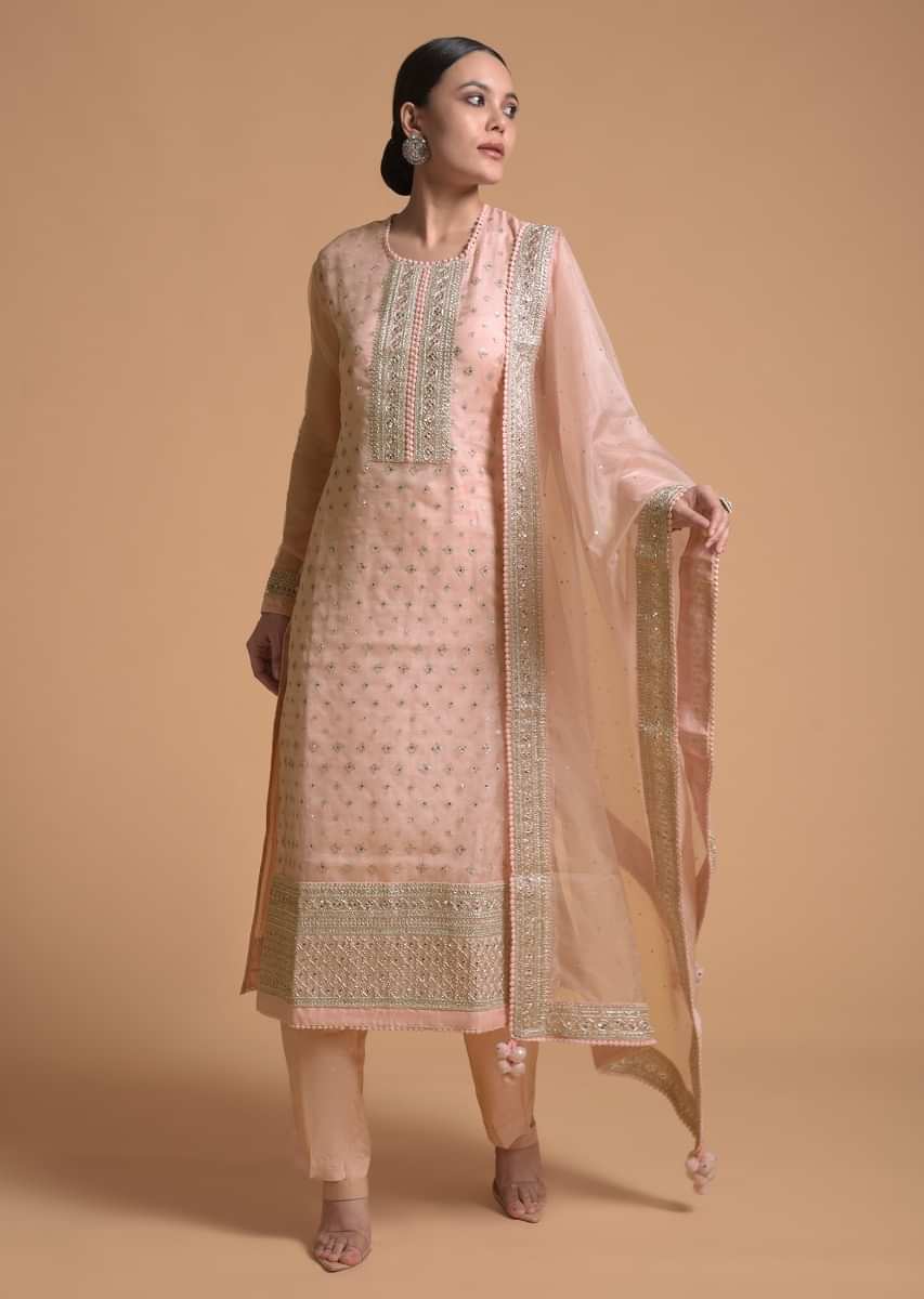 Peach Straight Cut Suit With Sequins Buttis All Over And Cord Embroidery On The Placket And Border Online - Kalki Fashion