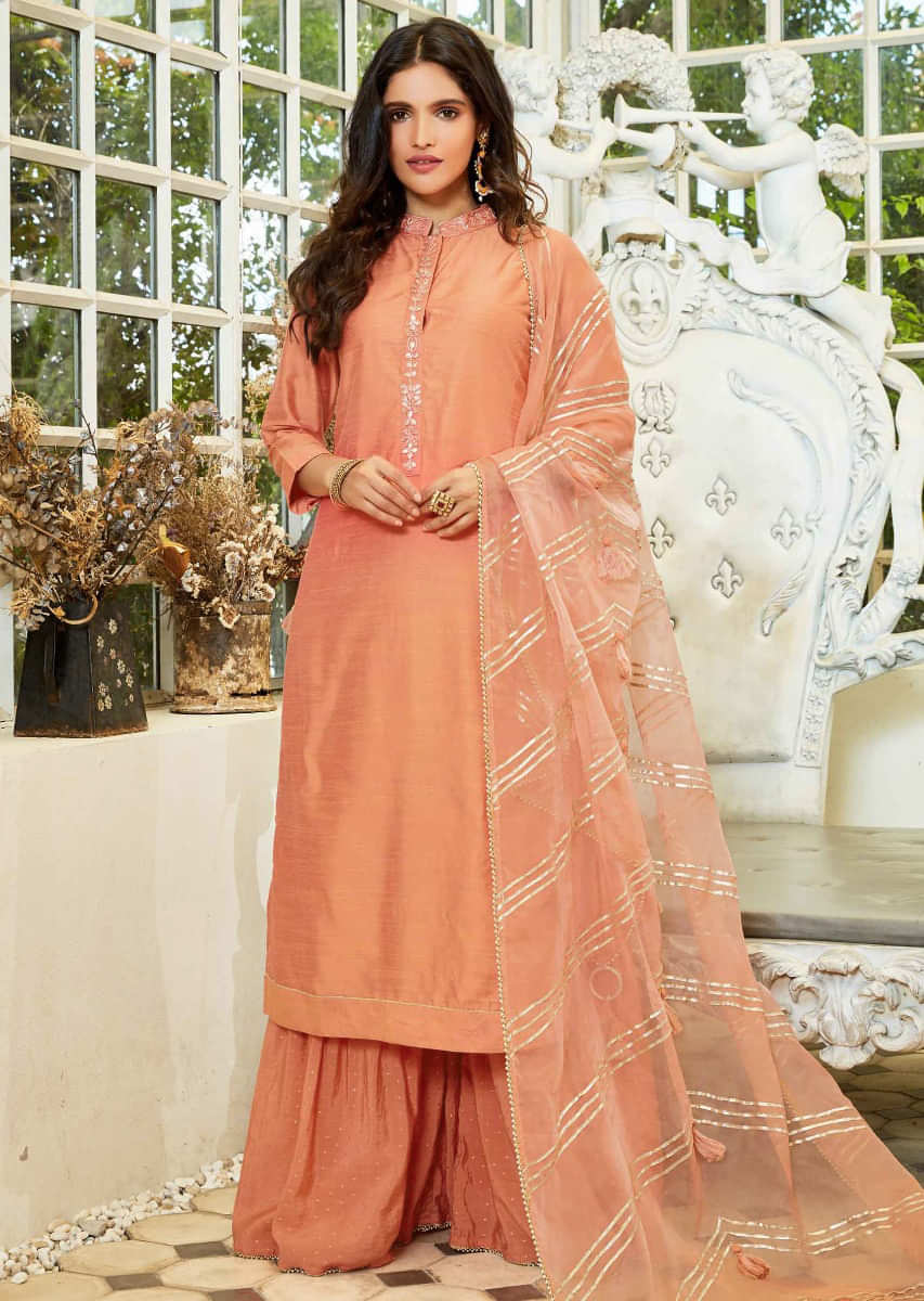 Peach Straight Palazzo Suit In Silk With Patch Work And Zardosi Online - Kalki Fashion