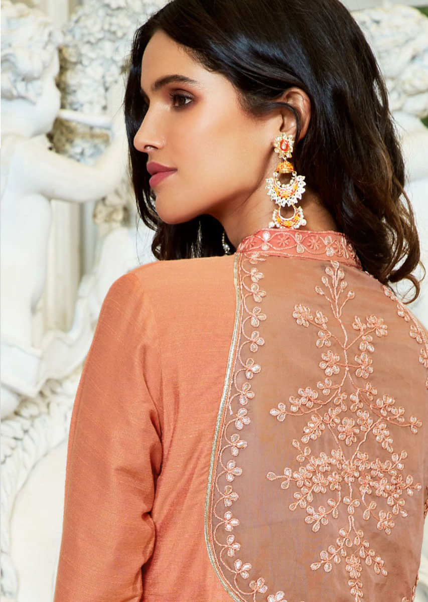 Peach Straight Palazzo Suit In Silk With Patch Work And Zardosi Online - Kalki Fashion