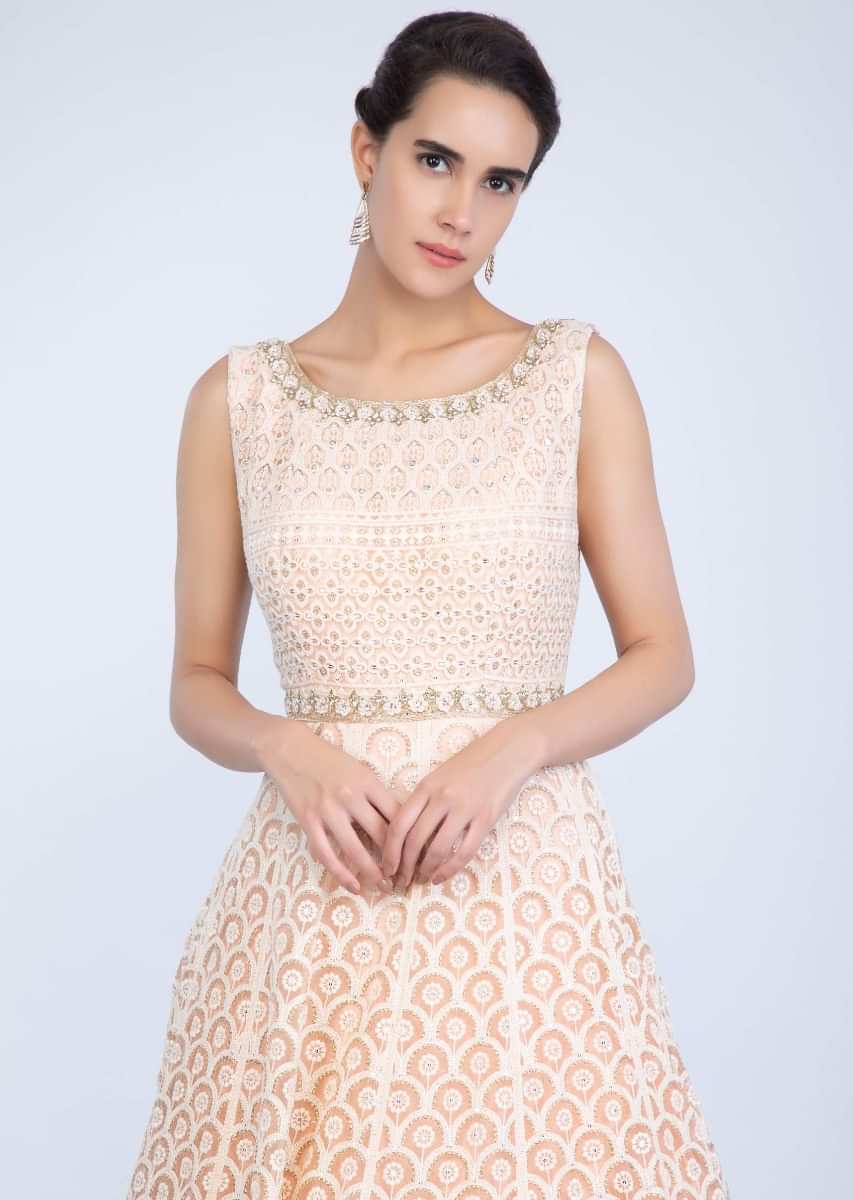 Peach Anarkali Suit In Thread Embroidered Net With Contrasting Golden Embroidered Border Online - Kalki Fashion