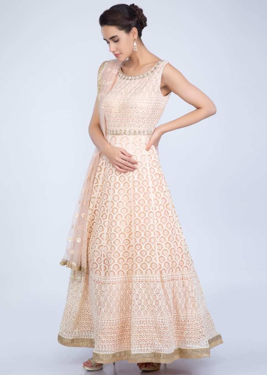 Peach Anarkali Suit In Thread Embroidered Net With Contrasting Golden Embroidered Border Online - Kalki Fashion