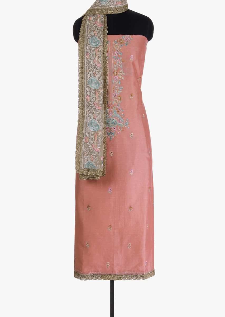 Peach unstitched cotton suit in floral embroidery and butti 
