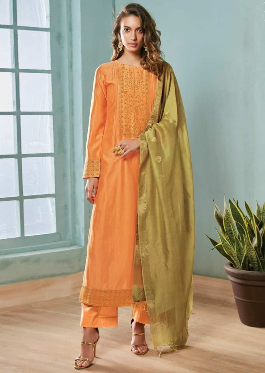 Peach unstitched suit in cotton silk with foil printed jaal in floral motif