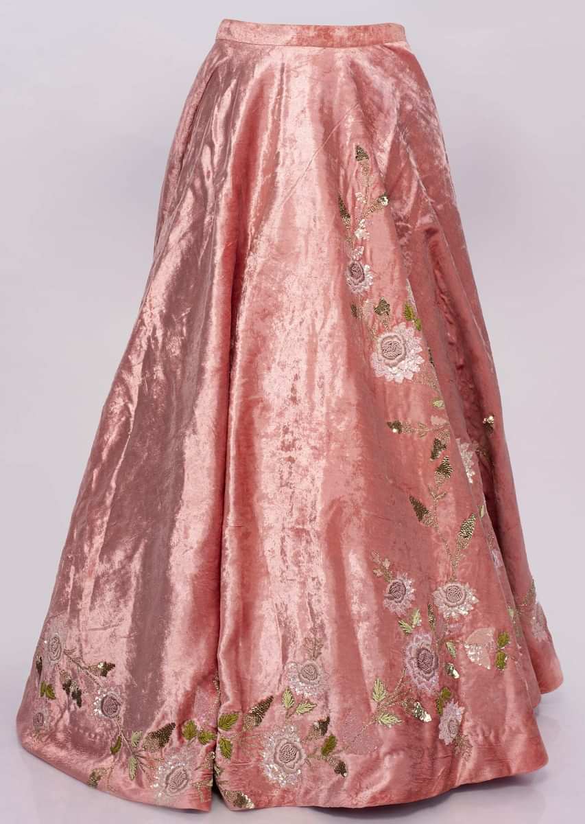 Peach Lehenga In Hand Embroidered Velvet With Cream Embroidered Blouse And Peach Organza Ruffled Dupatta Online - Kalki Fashion
